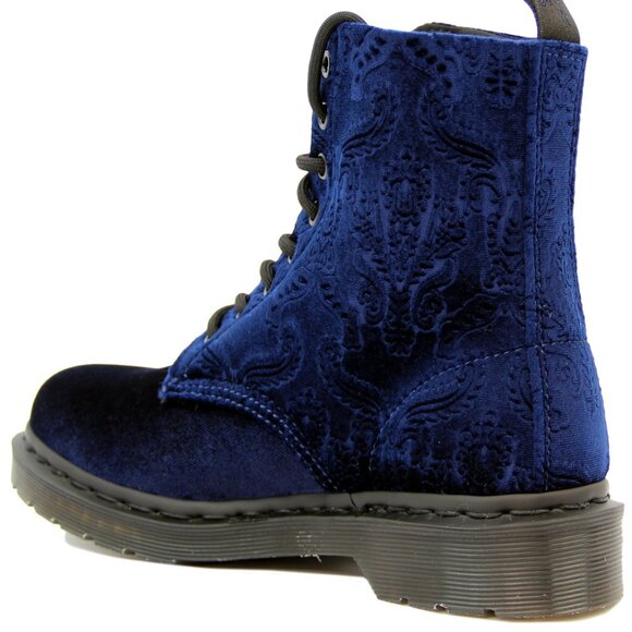 Dr Martens Combat Boots Blue Brocade Paisley Velvet Lace Up Women's Size 6 - Picture 1 of 15